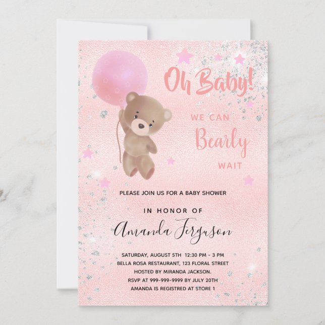 Baby shower teddy bear girl pink silver invitation (Front)