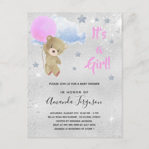 Baby shower teddy bear girl pink silver invitation postcard