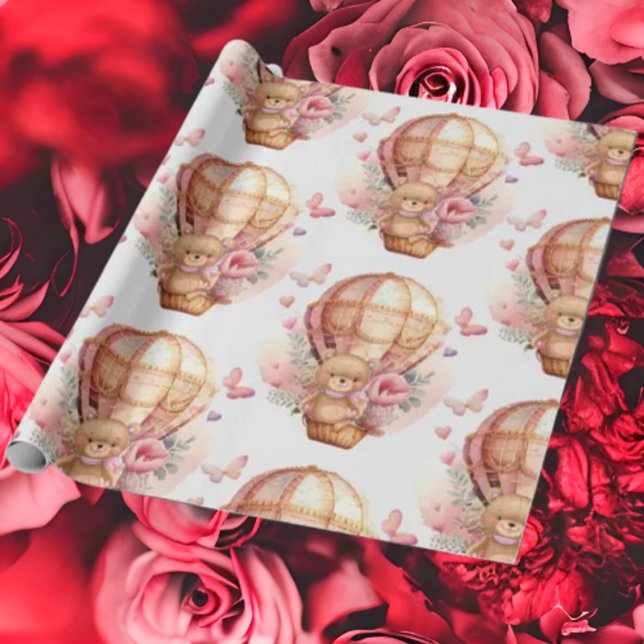 Baby Shower Teddy Bear Hot Air Balloon  pink Wrapping Paper (Bring your dream party to life with our selection of quality Teddy Bear themed party supplies )