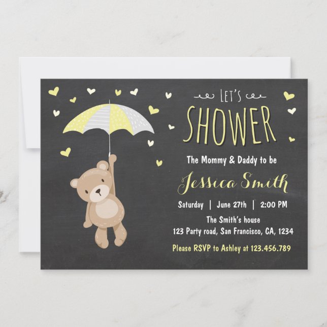 Baby Shower Teddy Bear Invitation Girl Boy Yellow (Front)