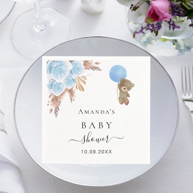Baby Shower teddy bear pampas grass blue boy Napkin (Creator Uploaded)