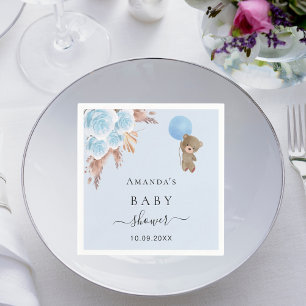 Baby Shower teddy bear pampas grass blue boy Napkin