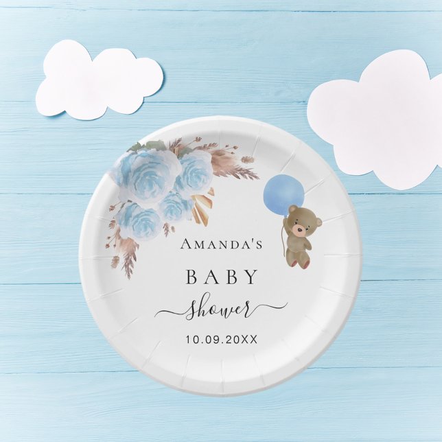 Baby Shower teddy bear pampas grass blue boy  Paper Plate (Creator Uploaded)