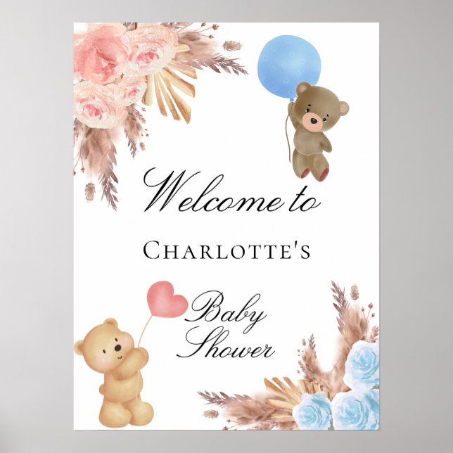 Baby shower teddy bear pampas grass gender revea poster (Front)