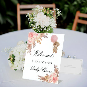 Baby shower teddy bear pampas grass rose blush pedestal sign