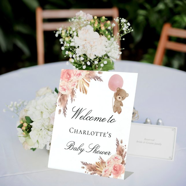 Baby shower teddy bear pampas grass rose blush pedestal sign (Creator Uploaded)