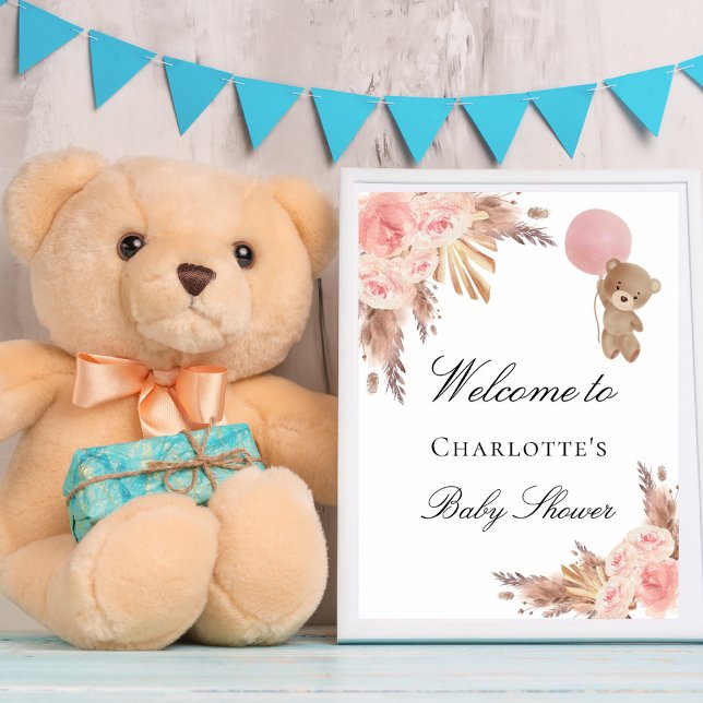 Baby shower teddy bear pampas grass rose blush poster (Creator Uploaded)