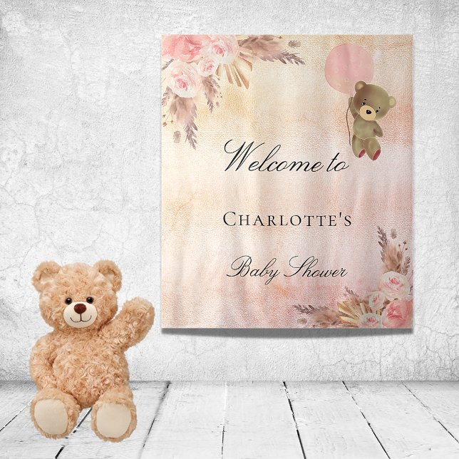 Baby shower teddy bear pampas grass rose blush tapestry (Creator Uploaded)
