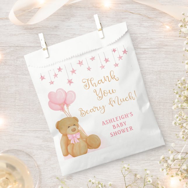 Baby Shower Teddy Bear Pink Stars Thank You Favour Bag (Clipped)