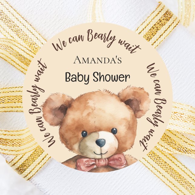 Baby Shower teddy bear we can bearly wait beige Classic Round Sticker (Creator Uploaded)