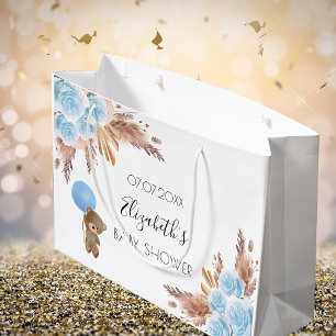 Baby Shower teddy floral pampas grass blue boy Large Gift Bag