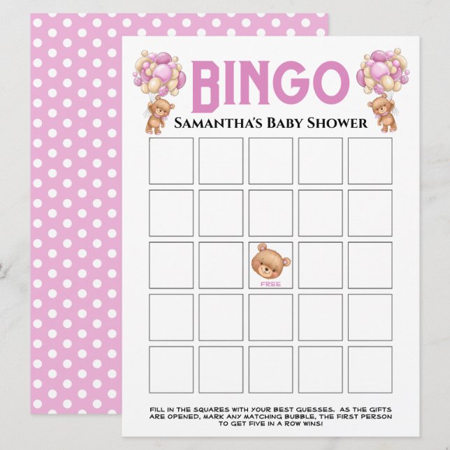 Baby Shower Teddy Girl Bubbly Pink Bingo Game  Invitation (Front/Back)