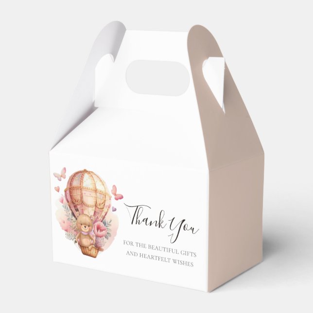 Baby Shower Teddy Hot Air Balloon Soft Pink Favour Box (Front Side)