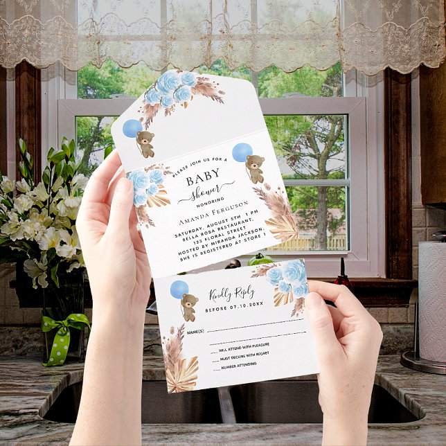Baby Shower teddy pampas blue boy floral RSVP All In One Invitation (Creator Uploaded)