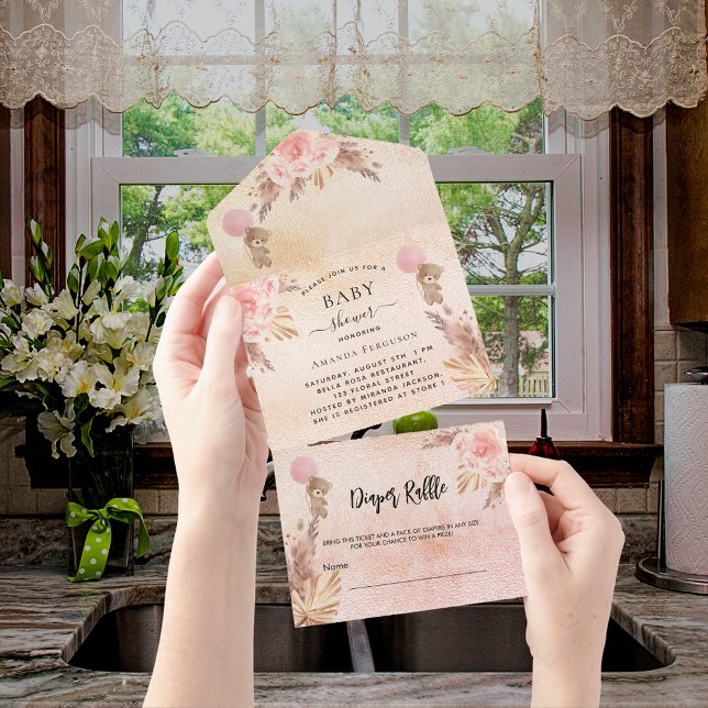 Baby Shower teddy pampas florals diaper raffle All In One Invitation (Creator Uploaded)