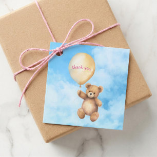 Baby shower thank cute teddy bear pink in blue sky favour tags