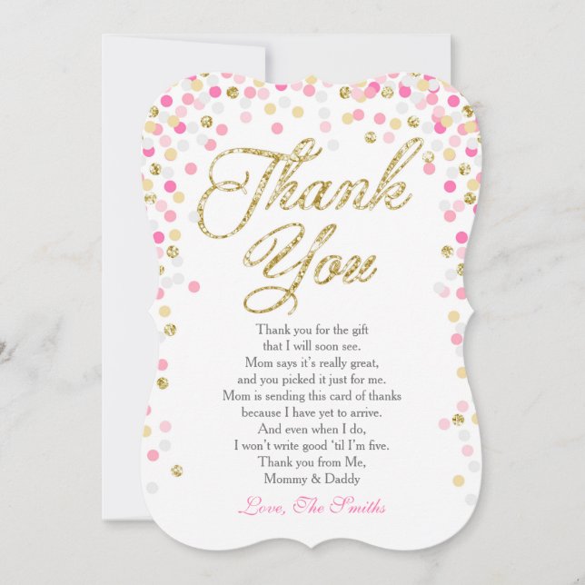 Baby Shower Thank You Card Confetti Gold pink girl (Front)