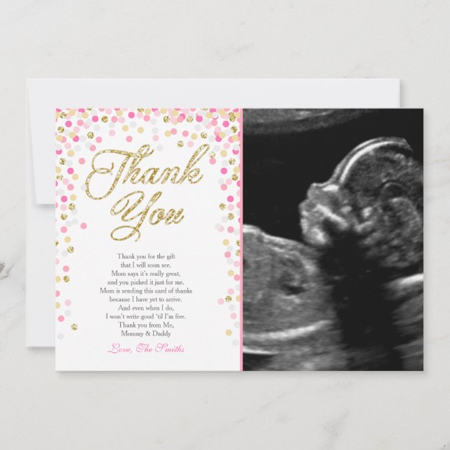 Baby Shower Thank You Card Confetti Gold pink girl (Front)