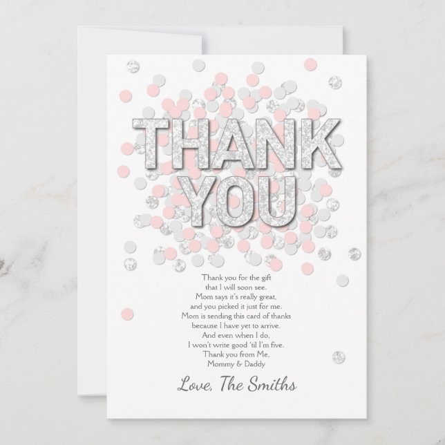 Baby Shower Thank You Card Confetti Silver pink (Front)