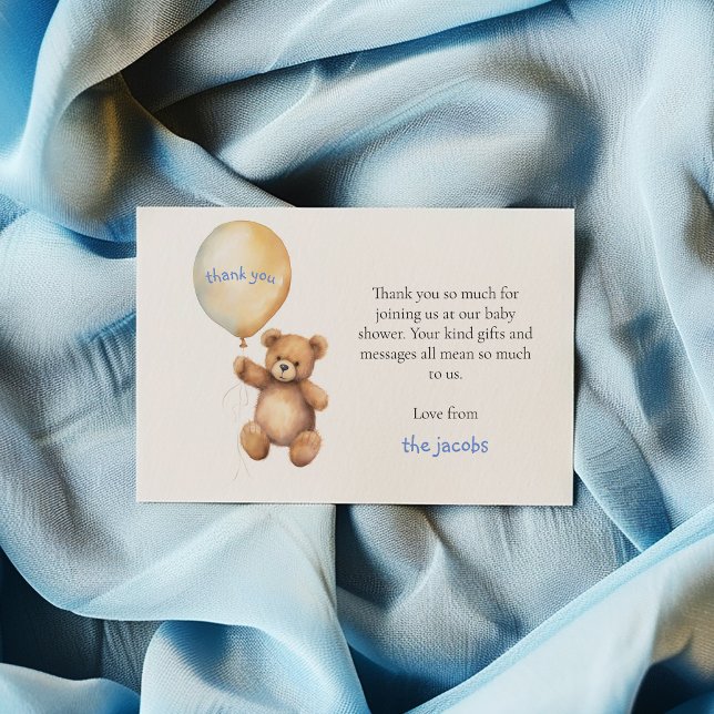 Baby shower thank you card. Cute teddy bear (Teddy bear baby shower thank you card with gold balloon and blue script.)