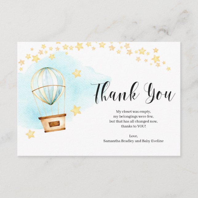 Baby Shower Thank you card hot air balloon animals (Front)