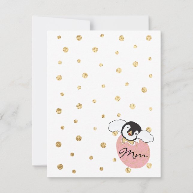 Baby Shower Thank You Card, "Penguin Pink/Gold" (Front)