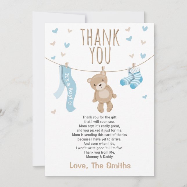 Baby Shower Thank You Card Teddy Bear blue (Front)