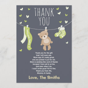 Baby Shower Thank You Card Teddy Bear Lime green