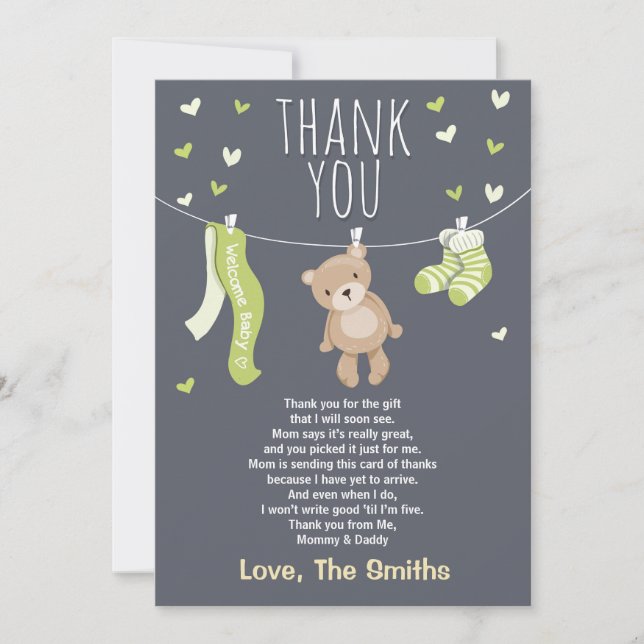 Baby Shower Thank You Card Teddy Bear Lime green (Front)