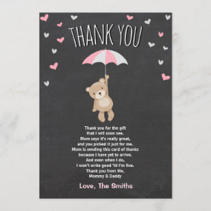 Baby Shower Thank You Card Teddy Bear Pink Cub