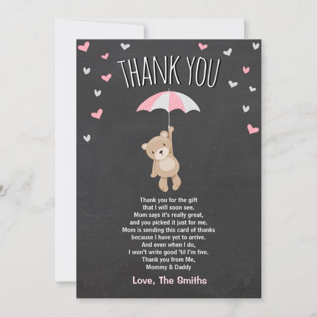 Baby Shower Thank You Card Teddy Bear Pink Cub (Front)