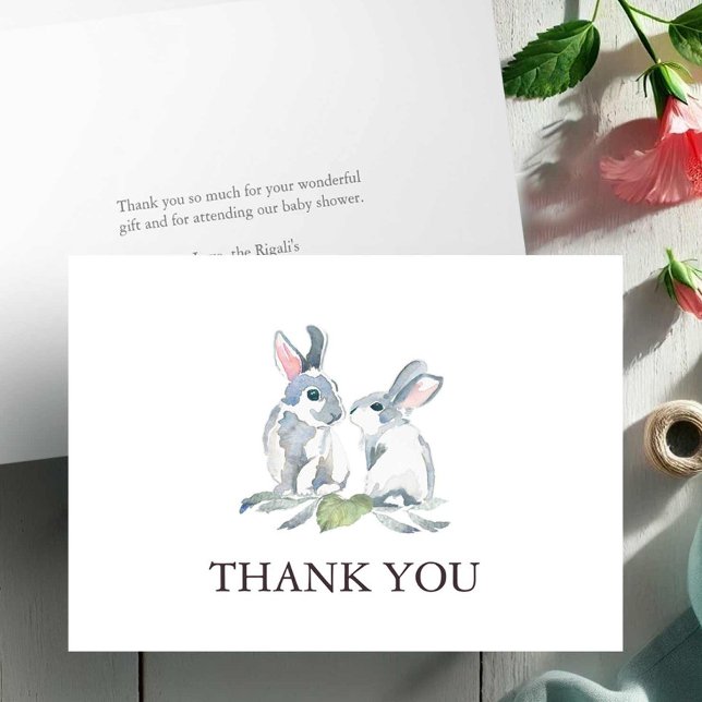 Baby Shower Thank You Card Woodland Bunnies (Bunny rabbit thank you card watercolor art by Victoria Grigaliunas of Do Tell A Belle)