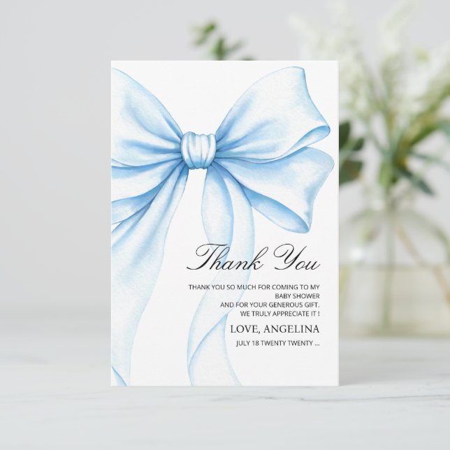  Baby Shower Thank You Cards Blue Bow. (Standing Front)