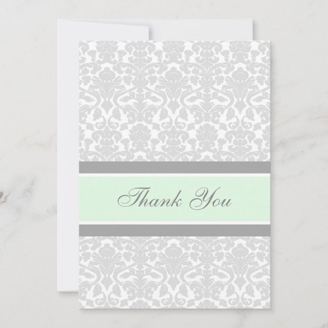 Baby Shower Thank You Cards Mint Grey Damask (Front)
