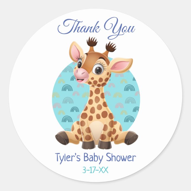 Baby Shower Thank You Cute Giraffe DIY Name Info Classic Round Sticker (Front)