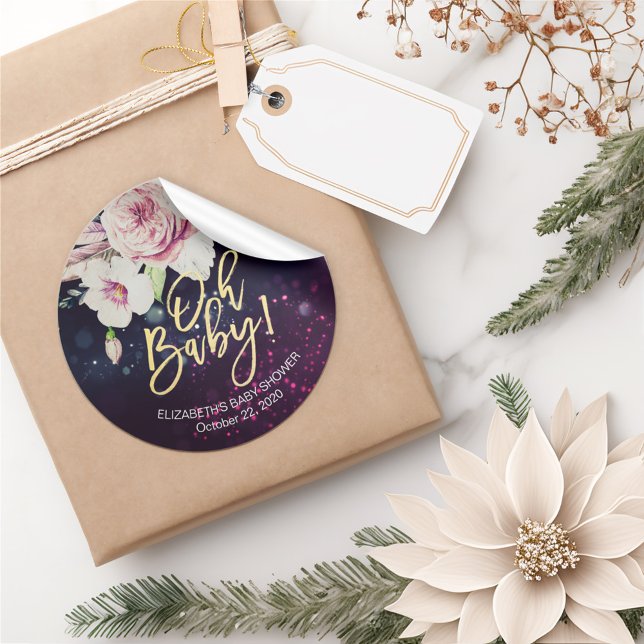 Baby Shower Thank You Floral Feather Purple Lights Classic Round Sticker (Creator Uploaded)