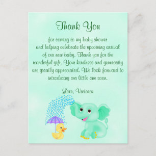 Baby Shower Thank You Gender Neutral Elephant Postcard