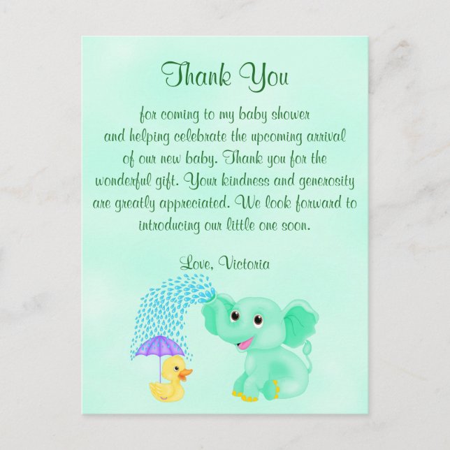Baby Shower Thank You Gender Neutral Elephant Postcard (Front)