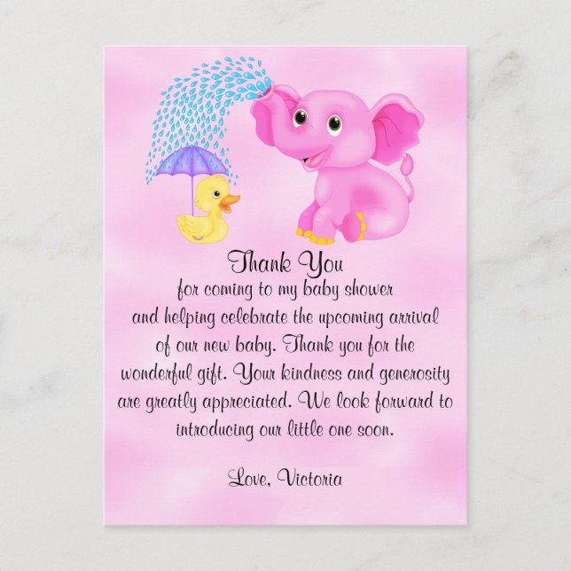 Baby Shower Thank You Girl Elephant Postcard (Front)