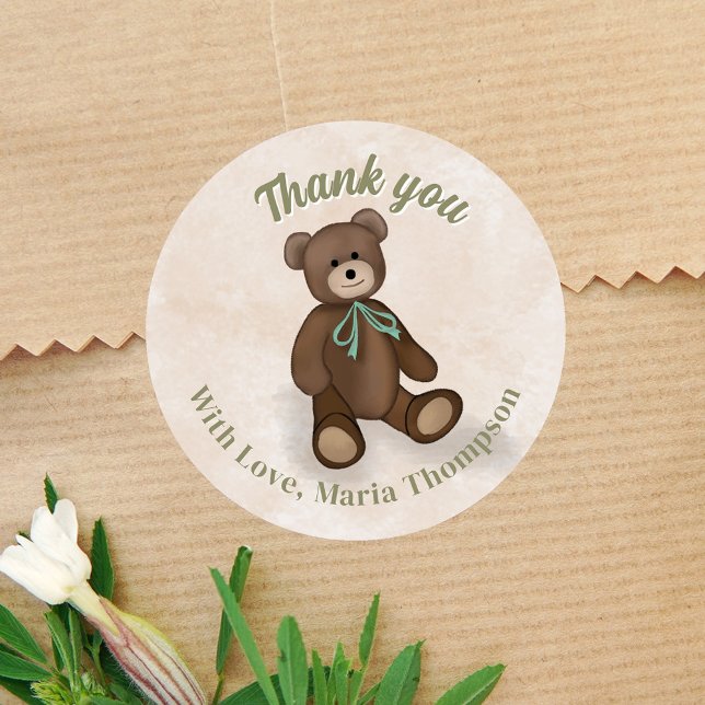 Baby Shower Thank You Green Teddy Bear Classic Round Sticker (Cute Vintage Style Baby Shower Stickers. )