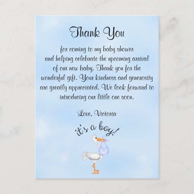 Baby Shower Thank You It's a Boy  Baby Boy Stork Postcard (Front)