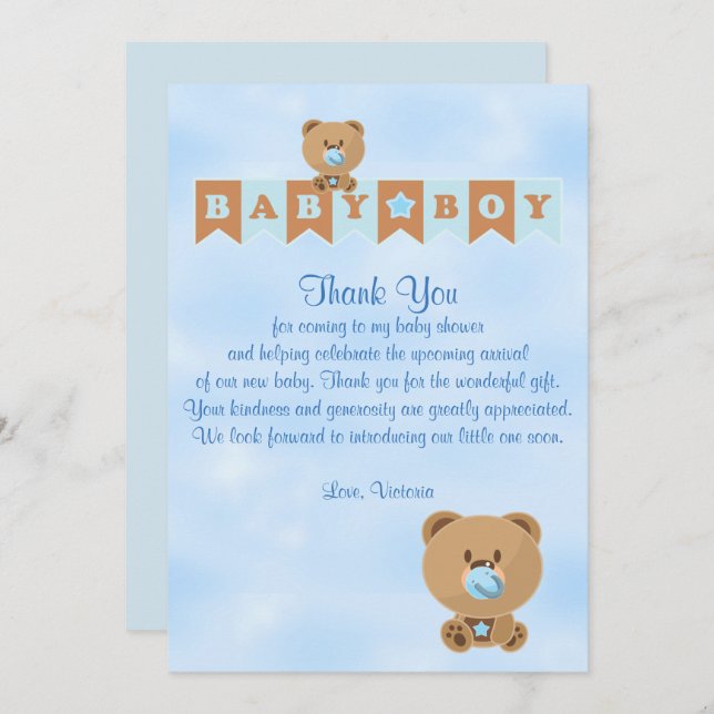 Baby Shower Thank You It's a Boy Baby Boy Teddy Be Invitation (Front/Back)