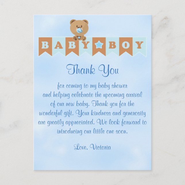Baby Shower Thank You It's a Boy Baby Boy Teddy Be Postcard (Front)