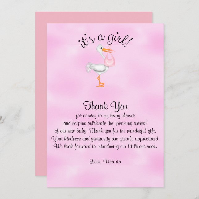 Baby Shower Thank You It's a Girl Baby Girl Stork Invitation (Front/Back)