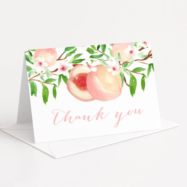 Baby Shower Thank You Notes, Peach Orchard (Sweet as a peach folding thank you card design featuring pretty watercolor peaches and leaves)