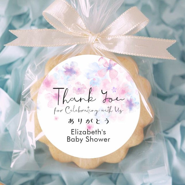 Baby Shower Thank You Pink and Blue Floral Script Classic Round Sticker (Creator Uploaded)