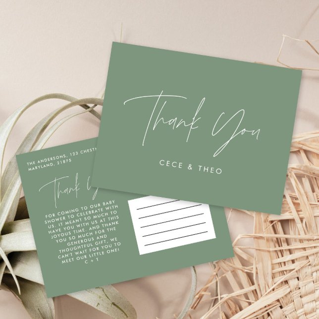 Baby shower thank you sage green elegant modern postcard (Creator Uploaded)