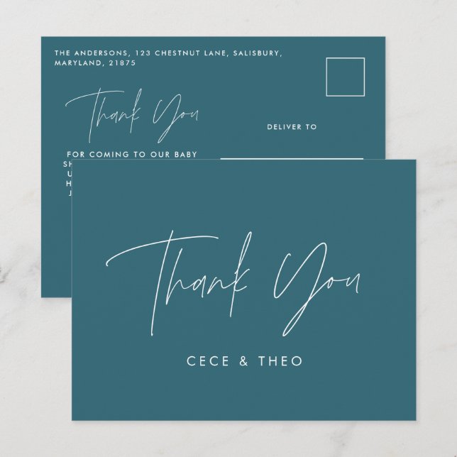 Baby shower thank you teal blue elegant modern postcard (Front/Back)