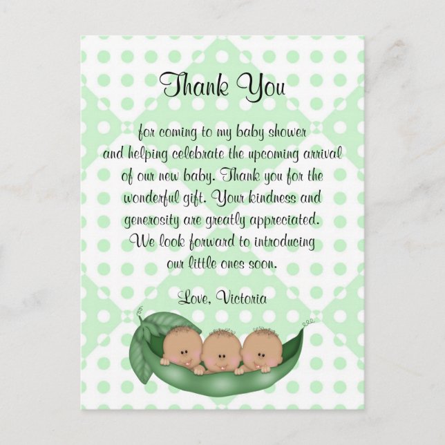 Baby Shower Thank You Triplets Peas in a Pod Postcard (Front)