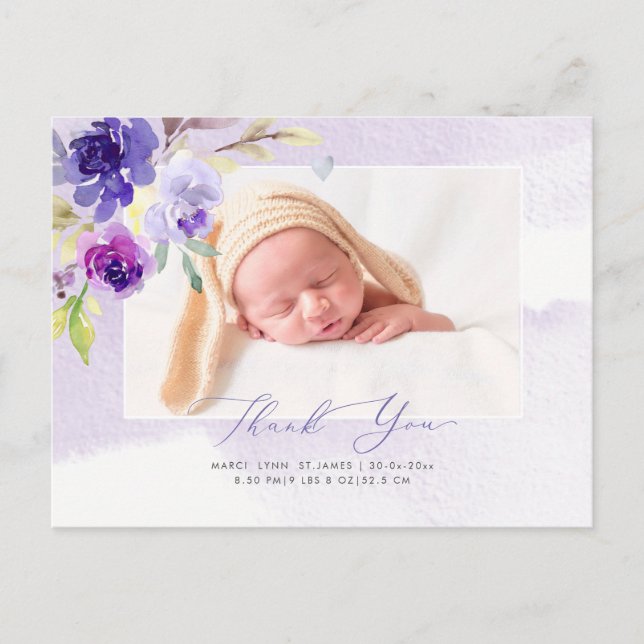Baby Shower Thank You Watercolor Violet Roses Postcard (Front)